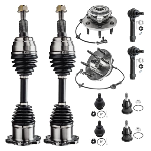 Detroit Axle - 10pc Front Wheel Bearing Hubs CV Axles Kit for Silverado Sierra Avalanche Suburban 1500 Tahoe Yukon Escalade 2 Wheel Bearing Hubs 2 CV Axles 2 Outer Tie Rods 4 Ball Joints Replacement
