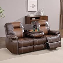 Leather Recliner Sofa Set for Living Room Furniture Set,Brown Reclining Sofa Couch with Dual Recliner Seats and Drop-Down Table for House/Home Theater(3-Seater Sofa)