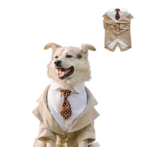 HDKUW Large Dog Wedding Shirt, Dog Tuxedo with Bow Tie, Dogs Wedding Formal Suit, Doggie Prince Gentleman Costume for Medium Large Dogs Khaki XL