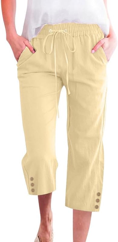 WROLEM Womens Capris Pants High Waist Drawstring Comfy Casual Pants Lightweight Trousers Buttons with Pockets