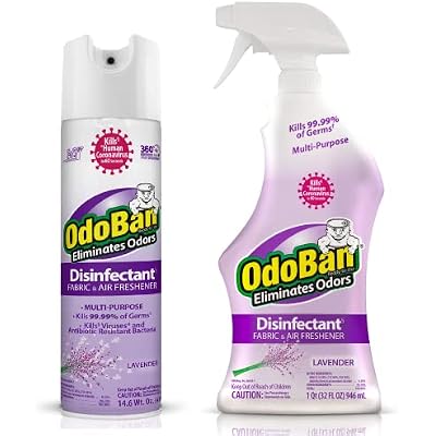 OdoBan Ready-to-Use Disinfectant and Harsh Aroma Eliminator, Cleaner and FabricAir Freshener, Set of 2, 14.6 Ounce 360-Degree Continuous Spray and 32 Ounce Trigger Spray, Lavender Scent