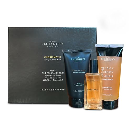Pecksniffs Fragrance Gift Sets Luxurious, Handcrafted in England Mens Charismatic Trio: Eau de Toilette, Aftershave Balm, Cleansing Gel Set
