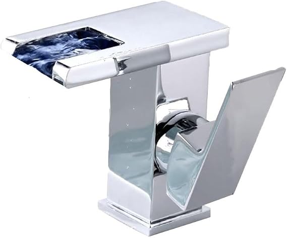 Waterfall Bathroom Basin Faucet with LED Temperature Sensor Lights Single Handle Deck Mount Mixer Tap in Copper for Modern Wash Basin Cabinet Colour Changing Waterfall Spout Design (Silver)
