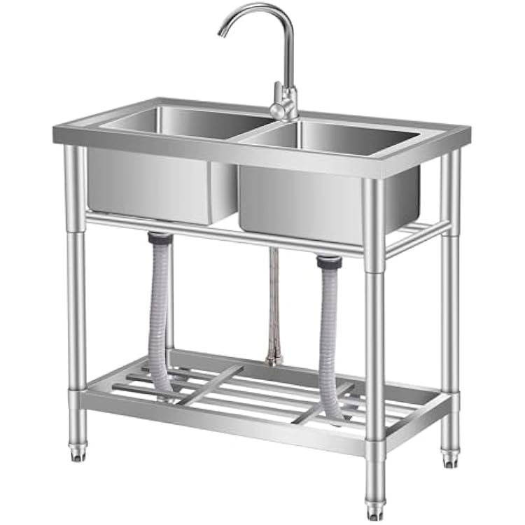 Stainless Steel Utility Sink, 33 x 18 x 30 Free Standing Double Bowl Sink with Faucet, Legs, Cold and Hot Water Pipe for Laundry, Kitchen, Garage, Outdoor, Garden, Heavy-Duty, Easy to Clean