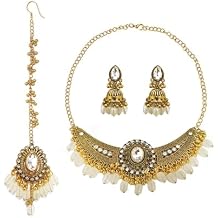 Traditional Maang Tikka with Kundan Necklace Earrings Jewelry Set Ethnic Crystal Jhumka Earring Wedding Jewelry for Women Boho Outfit Pendent Choker Necklace Bridal Party Dance Hair Accessories