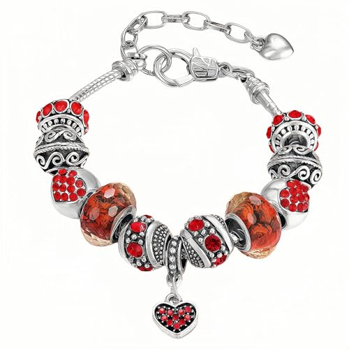 Pink Hearts Silver Plated Charm Bracelet, DIY Jewelry for Women with Beads, Charms, and Adjustable Snake Chain, Fits 7.51.5