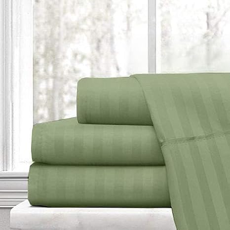 100% Natural Cotton Hotel Luxury Bed 800-TC Hypoallergenic Design Wrinkle & Fade Resistant 73X77 inch Short King Sheet Set 6pcs with 11" Deep Pocket Fitted Sheet Moss Striped