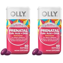 OLLY Ultra Strength Prenatal Multivitamin Softgels, Supports Healthy Growth, Brain Development, Iron, Folic Acid, DHA, Vitamins C, E, 30 Day Supply-60 Count Pack of 2