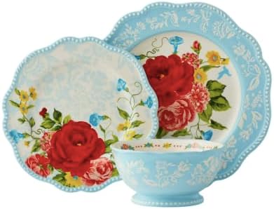 Pioneer Woman Stunning Sweet Rose Stoneware 12-Piece Dinnerware Set (Blue)