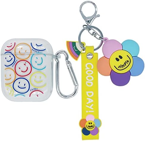 Compatible with AirPods Case Smile, Clear Smooth Soft TPU Cartoon 3D Cute Smile Face Design with Keychain Cover for Airpods 1/2, Men Women Funny Kawaii Cute Case for AirPods 1&2 Generation