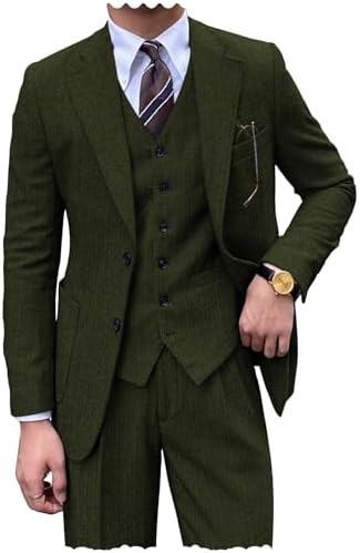 Men Retro Tweed Suit 3 Piece Herringbone Slim Fit Suits Wedding Groom Tuxedos