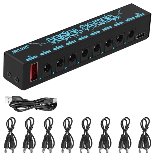 Guitar Pedal Power Supply Portable 8 Isolated, DC 9V Output  5V USB Output for Bass Effect Pedals 300mA, 1A Cables, Mini Guitar Pedal Power Black