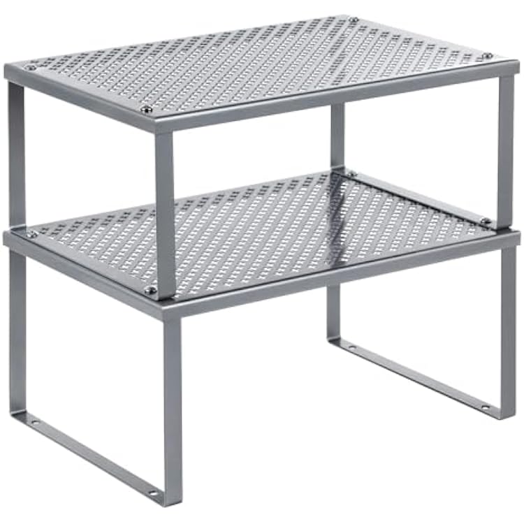 SONGMICS Spice Racks, Set of 2 Metal Cabinet Shelf Organizers, Countertop Organizers, Shelf Risers, Stackable, Expandable, Silver UKCS01SV