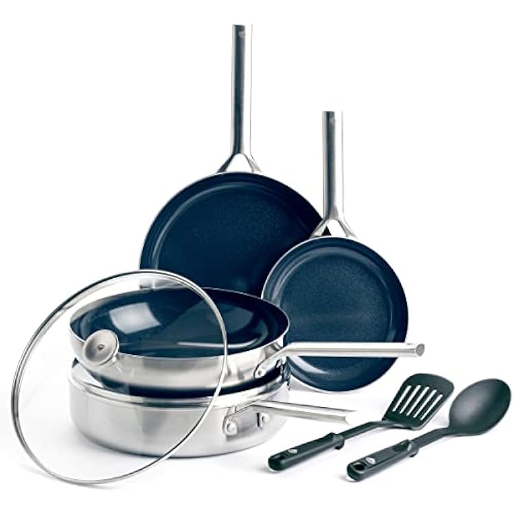 Blue Diamond 7-Piece Tri-Ply Stainless Steel Ceramic Nonstick Cookware Set, PFAS & PFOA-Free Pots and Pans, Multi Clad, Induction Compatible, Dishwasher & Oven Safe, Silver