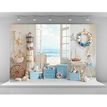Kate 7x5ft Beach Wooden House Lighthouse Decoration Backdrops for Photography Windowsill Sandy Beach Sea Star Shell Baby Shower Summer Photo Studio Background