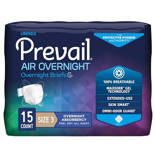 Prevail AIR Overnight Incontinence Briefs - Unisex Adult Incontinence Briefs with Tabs - Disposable Adult Diaper for Men& Women - Overnight Absorbency - Size 3, 60 Count 4 Packs of 15