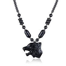 Natural Black Iron Stone Beads Cool Wolf Head Pendant Necklace for Men Women