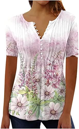 Button Down Shirts for Women Summer Floral Print Tunic Empire Waist Short Sleeve Henley v Neck Spring Blouses