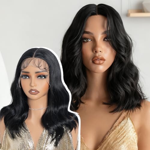 NOBLE Lace Front Bob Wigs Water Wavy Bob Wigs 14Inch Natural Black Color Heat Resistant Hair with Baby Hair