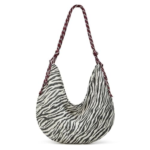Trendy Zebra-Stripes Shoulder Bag for Women Large Canvas Tote Bag Slouchy Crescent Handbag Underarm Purses Animal Print