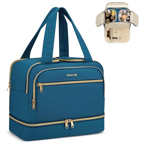 Hanke Travel Toiletry Bag, Lightweight Wide-open Large Toiletry Bags for Women, Dual-Layer Makeup Bag Water-Resistant Cosmetic Travel Bag with Handle for Accessories, Essentials, Navy Blue