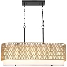 HMVPL Rattan Chandeliers for Dining Room, Boho Dining Room Light Fixture, 5-Lights Linear Kitchen Chandeliers Pendant Light with Fabric Shade, Long Farmhouse Chandelier for Kitchen Island(31.5")