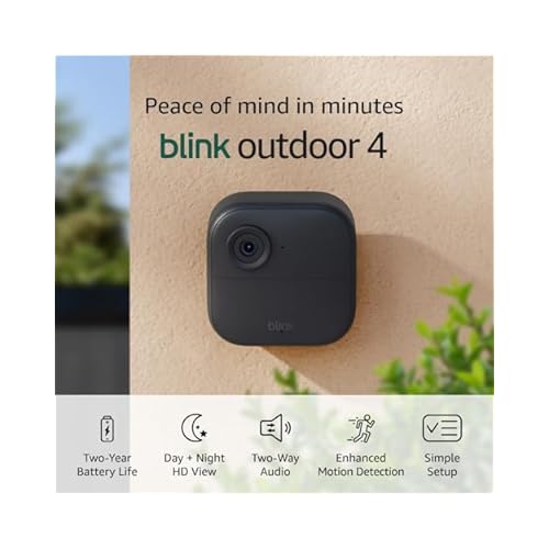 Blink Outdoor 4 Wireless smart security camera, two-year battery life, 1080p HD day and infrared night live view, two-way talk. Sync Module Core included 1 camera system