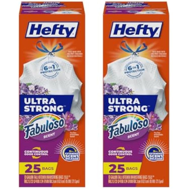 Hefty Ultra Strong Tall Kitchen Trash Bags, Fabuloso Scent, 13 Gallon 25 Count Pack of 2
