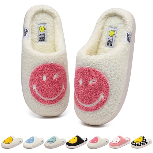 Kids Smiley Face SlippersBoys Girls Soft House SlipperMemory Foam Plush Comfy Warm Fuzzy Smile Happy Face Shoes Non-slip Indoor Winter