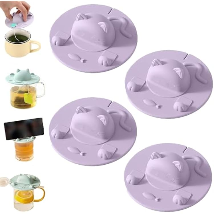 Tea Bag Mug Topper, Silicone Tea Bag Holder for Mug, Silicone Cup Covers, Tea Bags Buddy, Universal Lightweight Reusable Cat-Designed Mug Lid for Coffee Milk, Dishwasher SafePurple4