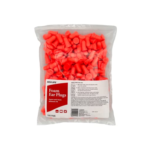 Acu-Life Foam Ear Plugs 100 Pair, Super-Soft Ear Plugs for Sleeping, Snoring, Noise, Ideal for Studying and Traveling, Ultimate Fit, Red