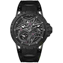 OBLVLO Luxury Automatic Skeleton Watch, Black Case with Red Leather Band, Sport Design