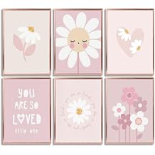 6pcs Pink Girls Floral Canvas Wall Art Nursery Daisy Wildflower Posters Prints Paintings Boho Children'S Room Wall Decor Pictures for Girls Living Room Bedroom Home Decorate Unframed