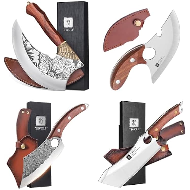 TIVOLI Kitchen Knife Set,Meat Cleaver Knife with Sheath, 5-inch Handmade Alaskan Rocker Knife, 9-inch Pizza Cutter Axe,Elevate Your Culinary Experience with Versatile Precision Tools
