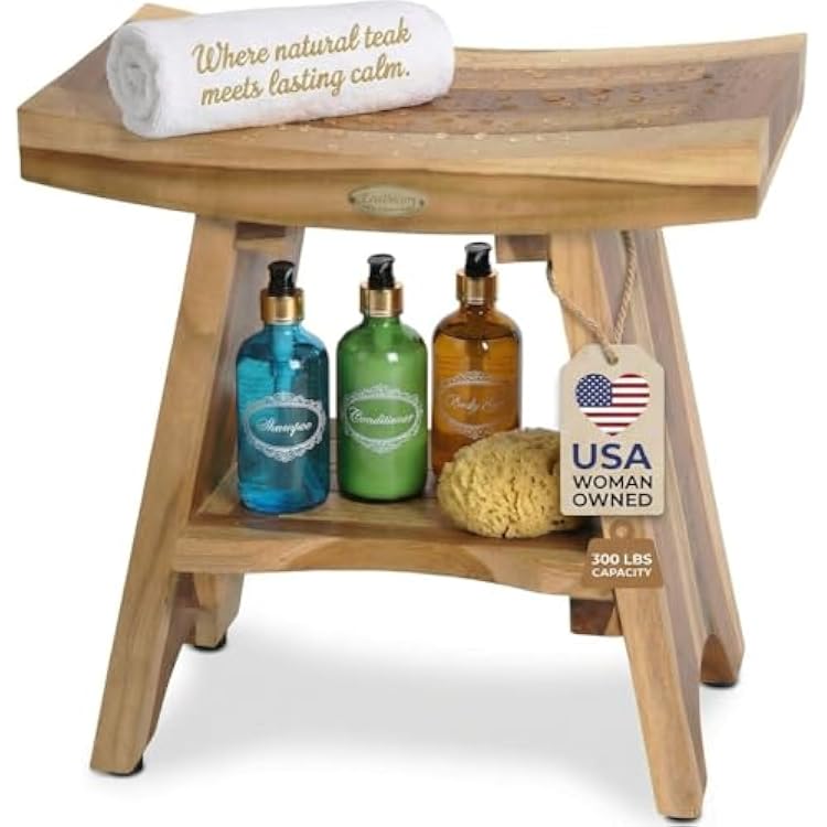 EcoDecors Teak Shower Bench 18, 300 lb Capacity Waterproof Wood Bath Seat with Shelf, Spa Seating for Adults Compact Fit for Small Bathrooms & Walk-in Showers Slip-Resistant Feet
