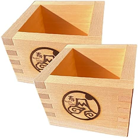 EDOYA Hinoki Wood Sake Cups (Set of 2) Japanese Box Masu with Japanese Lucky Brand (Long Life Fuji)