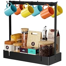 Coffee Mug Holder with Movable Hooks, 6-Mug Capacity Countertop Coffee Cup Rack with Storage Base
