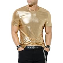 Casey Kevin Mens Metallic T-Shirts 70s Disco Outfits for Mens Holographic Short Sleeve Shiny Tops