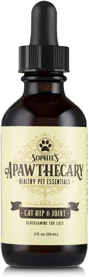 Cat Glucosamine Liquid Supplement with Chondroitin, Hyaluronic Acid & Taurine - Sophie's Apawthecary Hip & Joint Drops for Cats, Pain Relief & Joint Mobility Support, Plant-Based, Made in USA, 2 oz