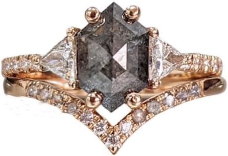 1.25CT Hexagon Natural Salt And Pepper Diamond Engagement Ring Set for Women S925 10k/14k/18k Rose Gold Triangle Moissanite & Salt and Pepper Bridal Set Unique Geometric Wedding Ring Set Promise Anniversary for Her Free Engraved