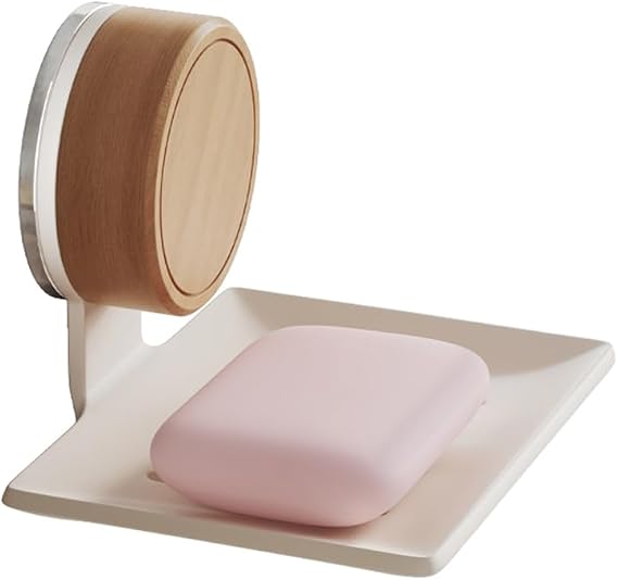 Soap Dish, Walnut and Stainless Steel, Soap Bar Holder for Shower Suction Cup Wall Mounted, No-Drilling Waterproof Sponge Holder (White)