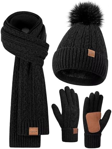 Winter Beanie Hat Scarf Gloves Set for Women, Pom Pom Beanie with Fleece Lined Long Knit Neck Warmer Fingers Touchscreen Gloves, Fashionable Cute Warm 3 in 1 Gift Set for Cold WeatherB-02 Black