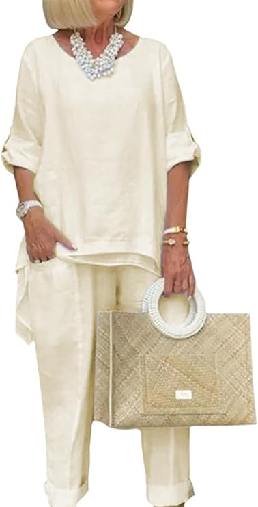 Bengbobar Women Linen 2 Piece Pants Suit for Women Dressy Cotton Linen Sets Outfits Long Sleeve Shirts Wide Leg Trousers