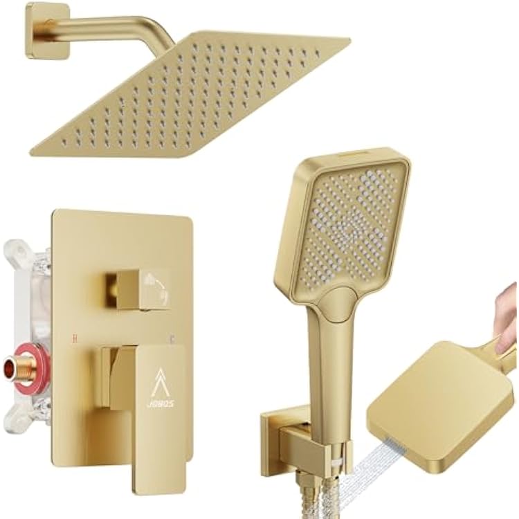 Shower System Modern Rain 8 inches Brass Faucet Set With Valve and Diverter Shower Mixer With Handheld High Pressure Square Rainfall Shower Valve 8 Wall Mount, Brushed Gold