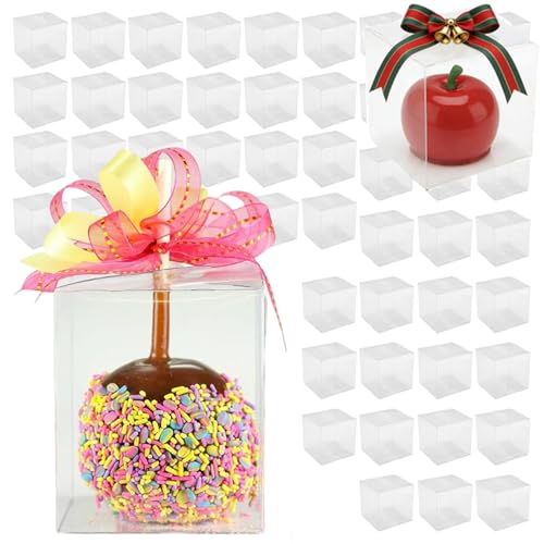 FUNSUEI 50 Pack Clear 4x4x4 Apple Boxes with Hole Top, Transparent Candy & Caramel Apple PET Boxes for Treats & Chocolates
