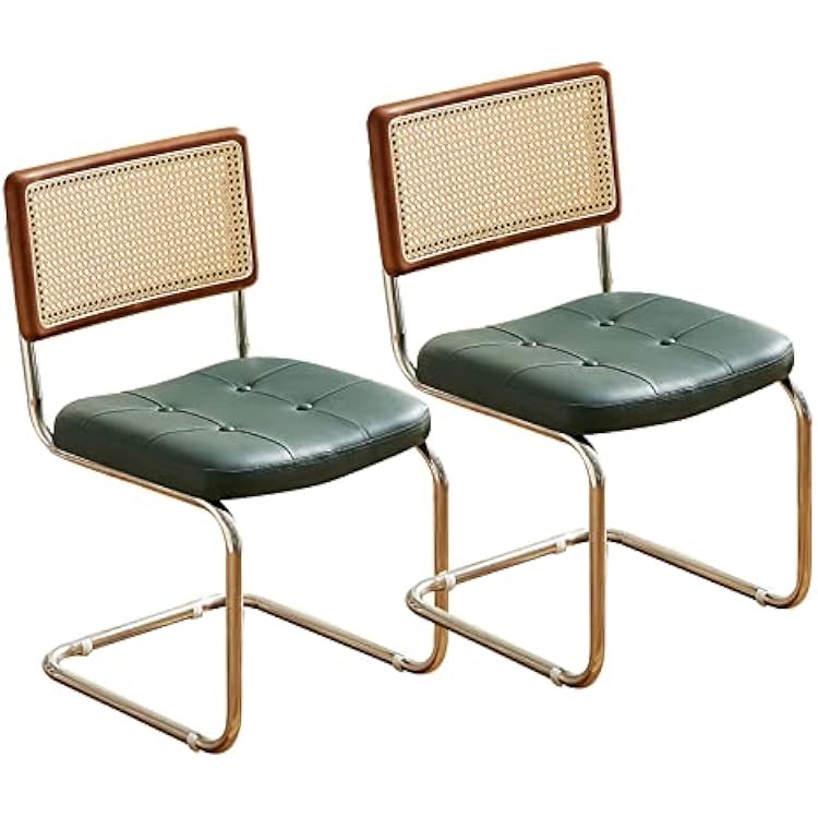 Rattan Dining Chairs Set of 2,Mid Century Modern Kitchen & Dining Room Chair with Cane Backrest,Comfy Leather Upholstered Accent Desk Chair with Metal Legs23.83 D x 16.35 W x 34.07 H, Green
