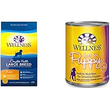 Wellness Complete Health Large Breed Dry Puppy Food, Chicken, Brown Rice & Salmon Meal, 5 Pound Bag Wet Puppy Food, Chicken & Salmon, 12 Cans, 12.5 Ounce Can