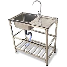 Outdoor Portable Free Standing Utility Sink Set with Faucet for Laundry RoomBathroomBackyardGarage, Single Bowl Stainless Steel Kitchen Sink, Simple Hand Washing Station with Hose Hook Up