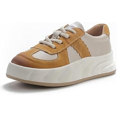 Womens Genuine Leather Platform Sneakers Fashion Patchwork Comfortable Non-Slip Lace Up Chunky Casual Walking Shoes Gym Tennis Running Shoes