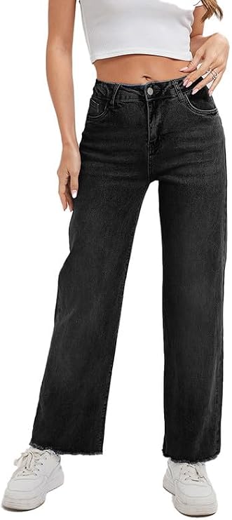 Women's Wide Leg Jeans 90S Vintage Zipper Fly Raw Hem Loose Fit Mid Rise Straight Leg Jeans for Women Denim Pants